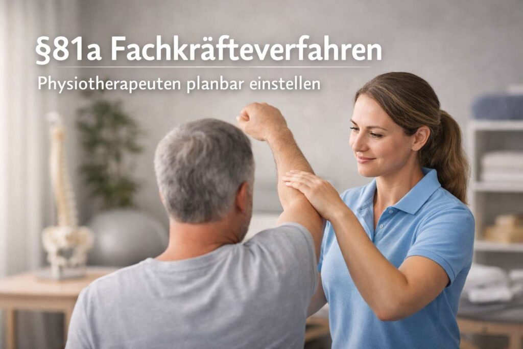 Physiotherapeutin begleitet Schulter-Übung in moderner Praxis – §81a Fachkräfteverfahren planbar nutzen.