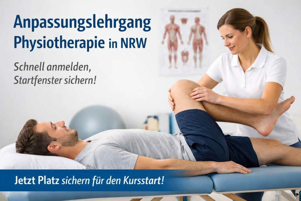 Physiotherapeutin mobilisiert Patientenkniestellung – Anpassungslehrgang NRW, Startfenster sichern