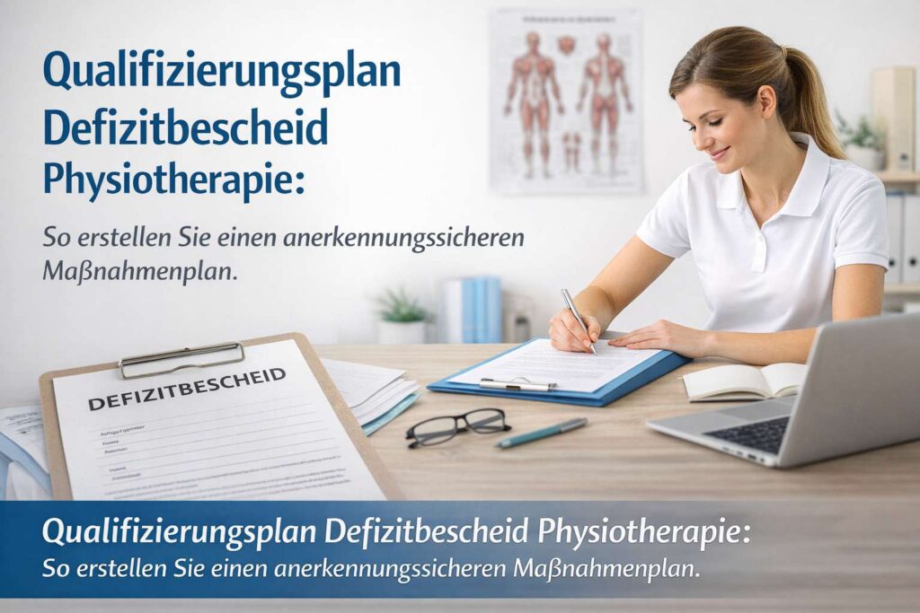 Physiotherapeutin erstellt Qualifizierungsplan am Schreibtisch – Defizitbescheid Physiotherapie, Maßnahmenplan Anerkennung.